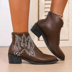 Western Women's Ankle Boots Embroidered Pu Leather Mid Heels Shoes df77431ff116414cbea9f4a63dd65014-Max-Origin Trendsi