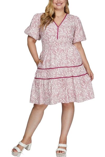 She+Sky Mini Dress Berry Floral Printed V Neck Puff Short Sleeve Tiered Plus Siz df7856f4-0ad8-4e95-9999-812edf7cdb6f-Min Trendsi
