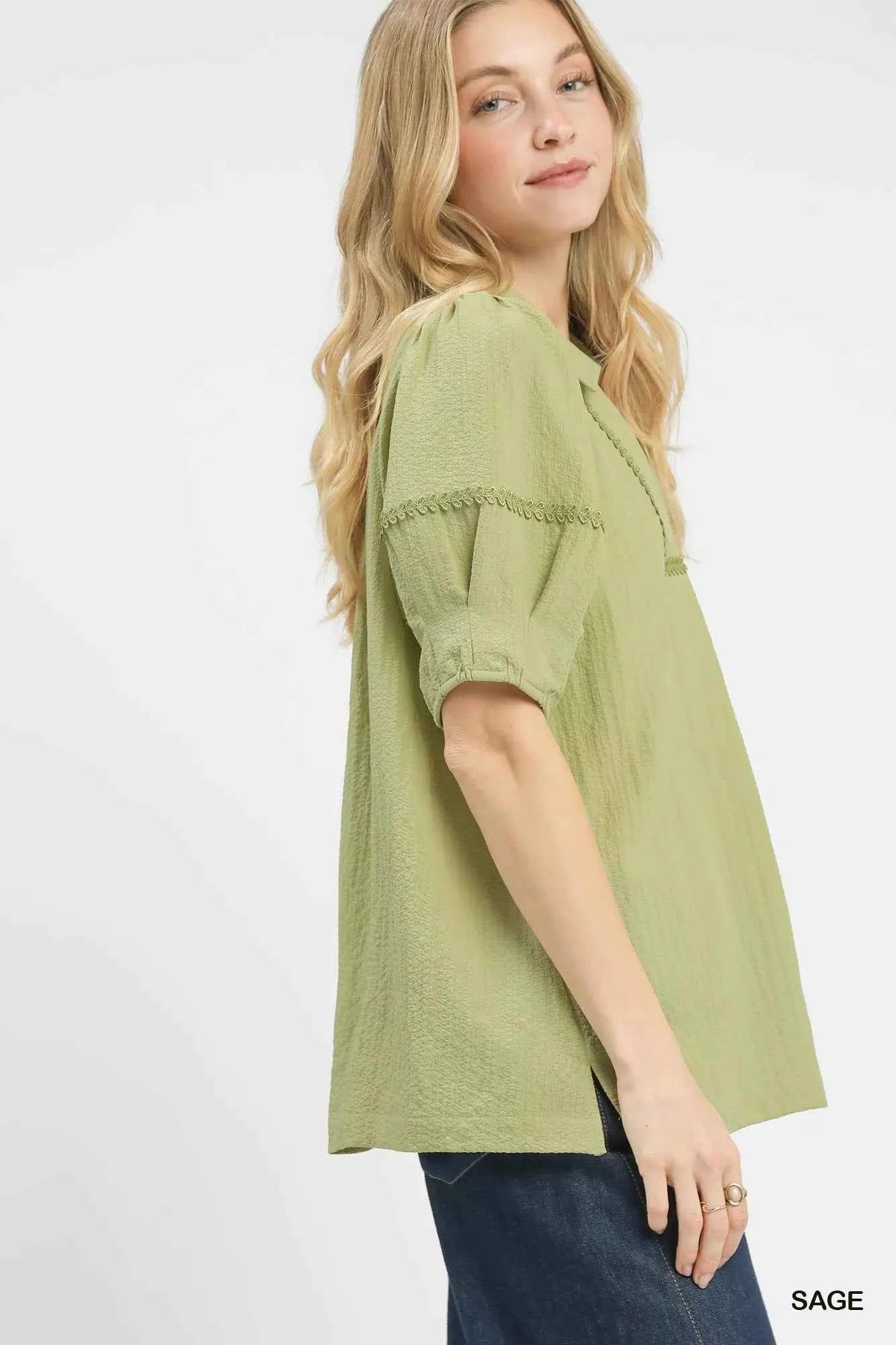 Umgee Blouse Sage Green Textured Puff Short Sleeve Top df793d54-7e63-45eb-a617-3f53cc2d0047-Max-Origin Trendsi
