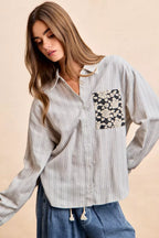 BiBi Womens Gray Stripe Shirt Black Flower Jacquard Knit Patch Pocket Top df7cdafa2a80422c84a456d4b7bf97b2-Max-Origin Trendsi