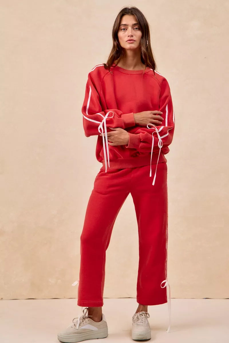 BiBi Womens Fleece Sweatpants Red Side Lined Bow Details Pocketed df85a871362a4c69bdbaa79e5c325c0e-Max-Origin Trendsi