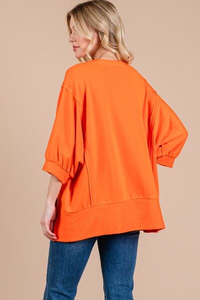 Ces Femme Sweatshirt Orange Side Slit Drop Shoulder Puff Sleeve