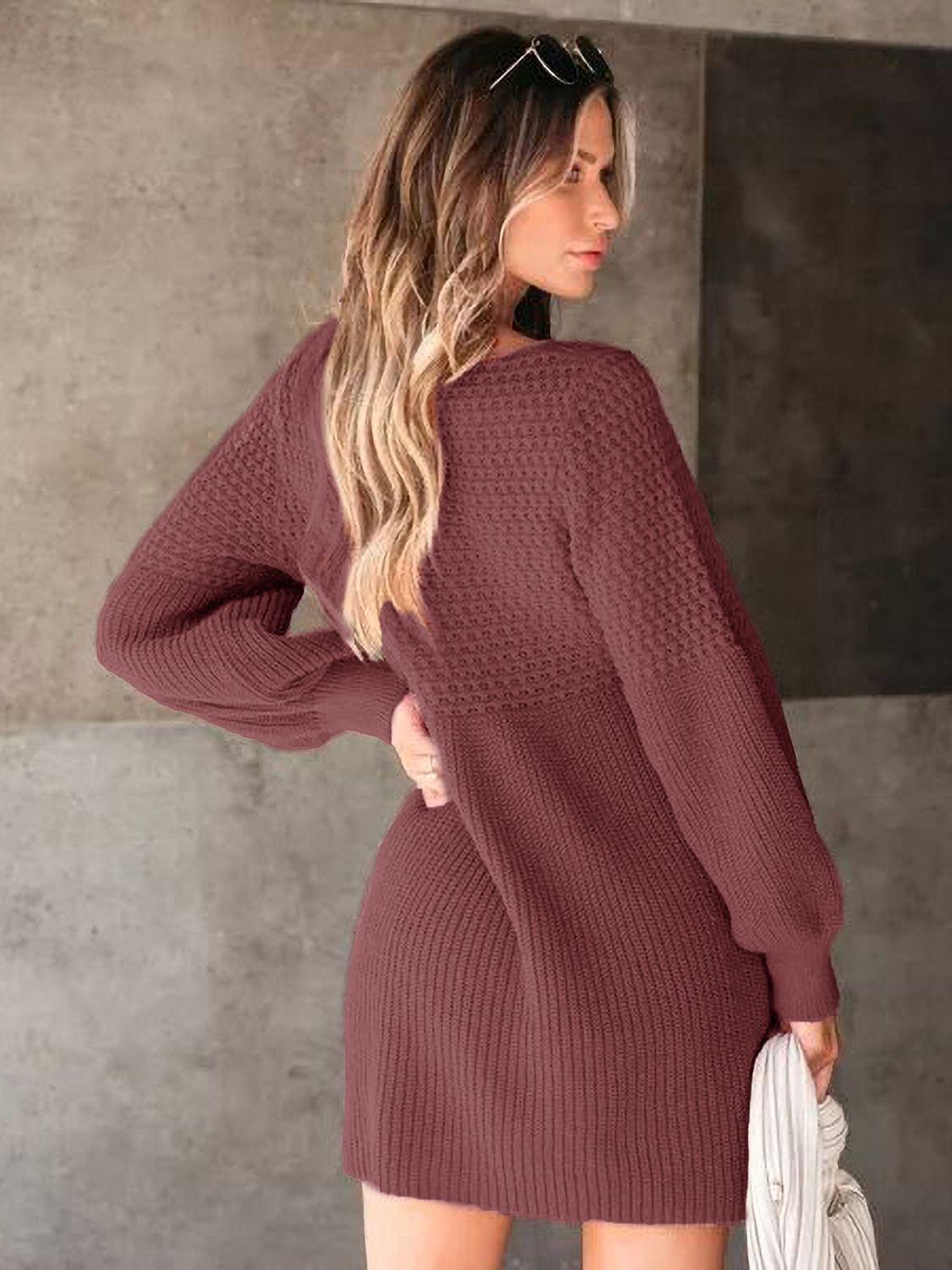 Sweater Mini Dress Perfee V-Neck Knit Long Balloon Sleeve df91ebb2-1620-4686-b512-2d21313acd57-Max Trendsi