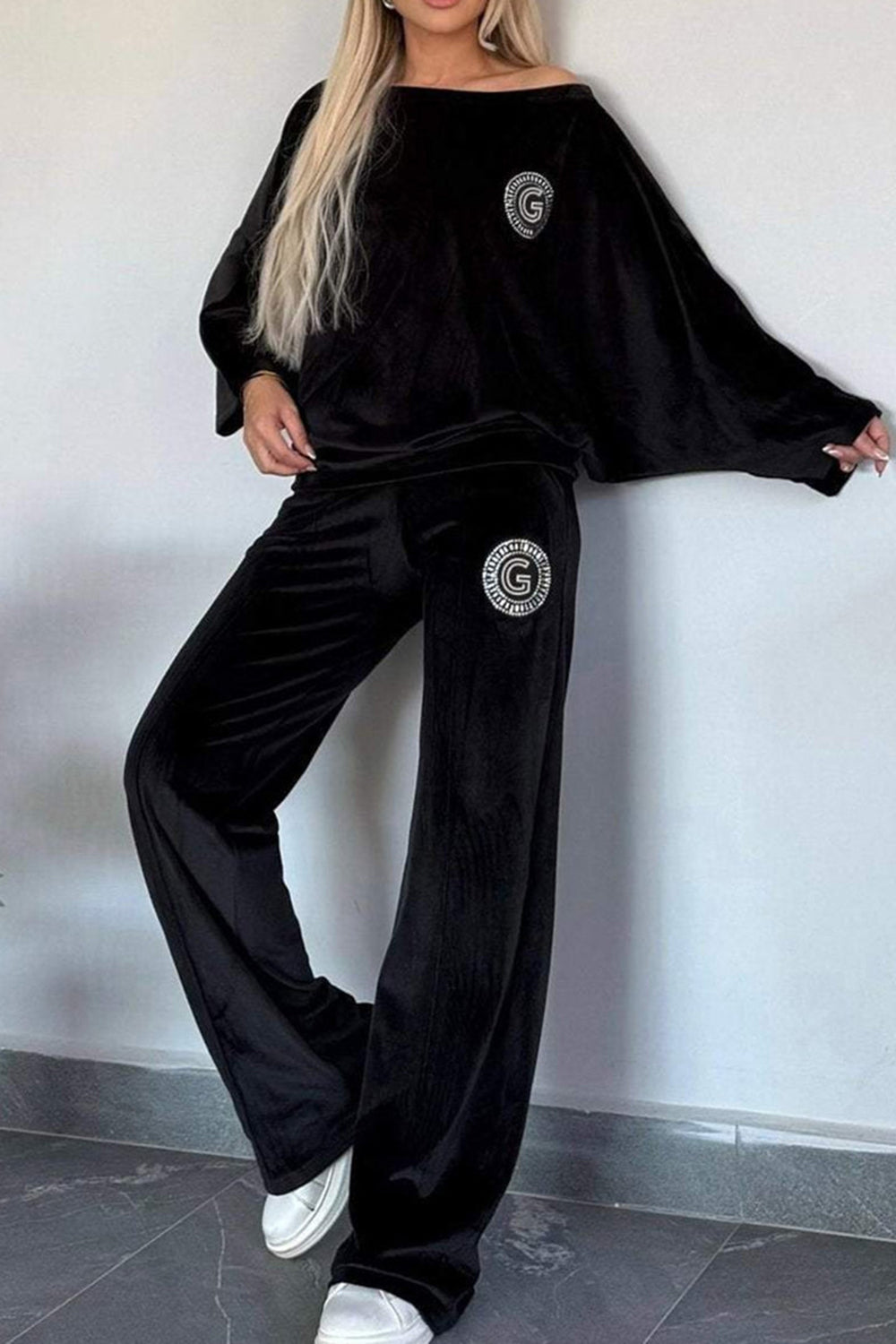 Outfit Set Women Velvet Full Size Boat Neck Long Sleeve Top and Pants Set 5XL