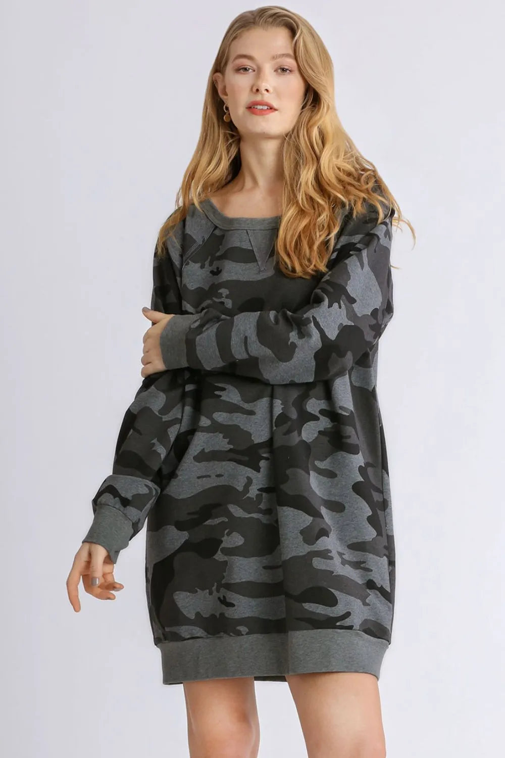 Umgee Mini Dress Camouflage Print Dark Gray Ribbed Hem French Terry dfa4c8a9-5443-4fac-aa6a-4c096c03136b-Max Trendsi