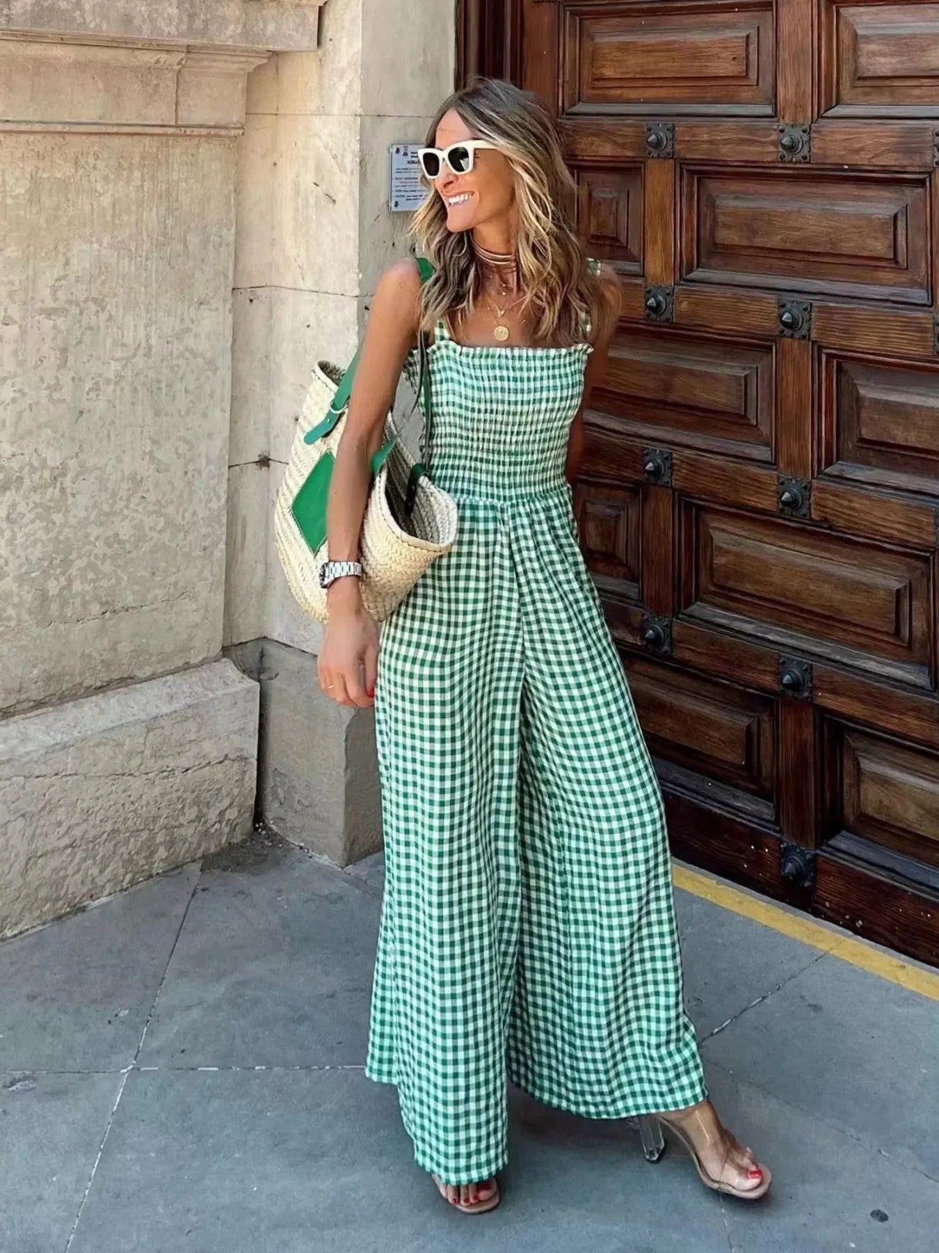 Women's Jumpsuit Gingham Plaid Smocked High Waist Wide-Leg Overall dfa750873b604346b28e325b8db34ce9-Max-Origin Trendsi