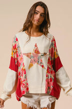 BiBi Sweatshirt Floral Print Mixed Star Patch Round Neck Top dfb093b007cd4c72a22424047441fbcc-Max-Origin Trendsi