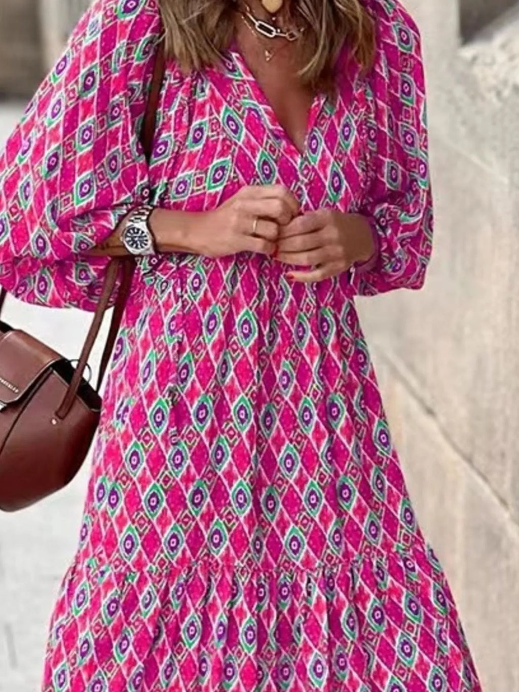 Maxi Dresses Colorful Printed V-Neck Balloon Short Sleeve Ruffled Oversized dfb28041-9ae8-43e7-9b73-5a76a8635c87-Max-Origin Trendsi