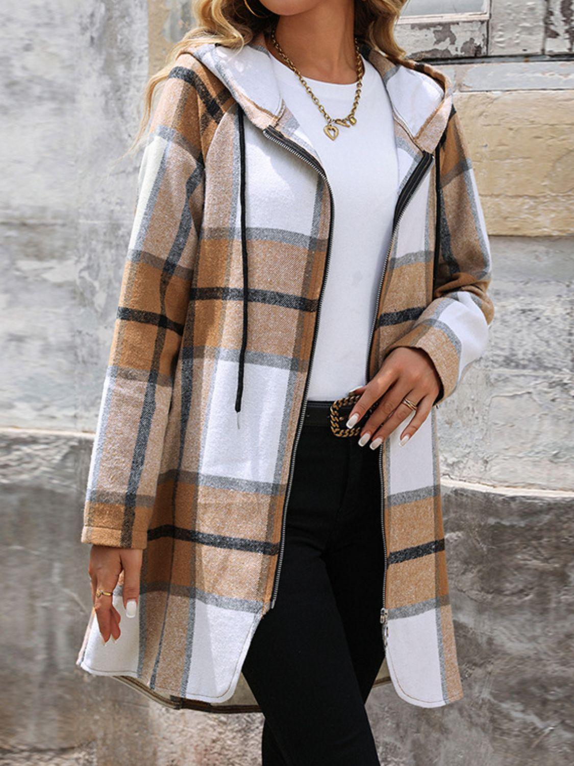 Hooded Plaid Coat Drawstring Hood Zip Up Long Sleeve Outerwear dfb4638b-7b47-44cb-9ff7-252363ddb0c6-Max Trendsi