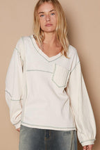 Blouse POL V-Neck knit Panel Exposed Seam Top Cream dfb5e7bc-7464-45b9-9010-84a74866d862-Max Trendsi
