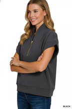 Zenana Womens Blouse Black Scuba High Neck Half Zip Top Sort Sleeve dfbb3311-795c-41ca-b394-c402c9fde85b-Max-Origin Trendsi