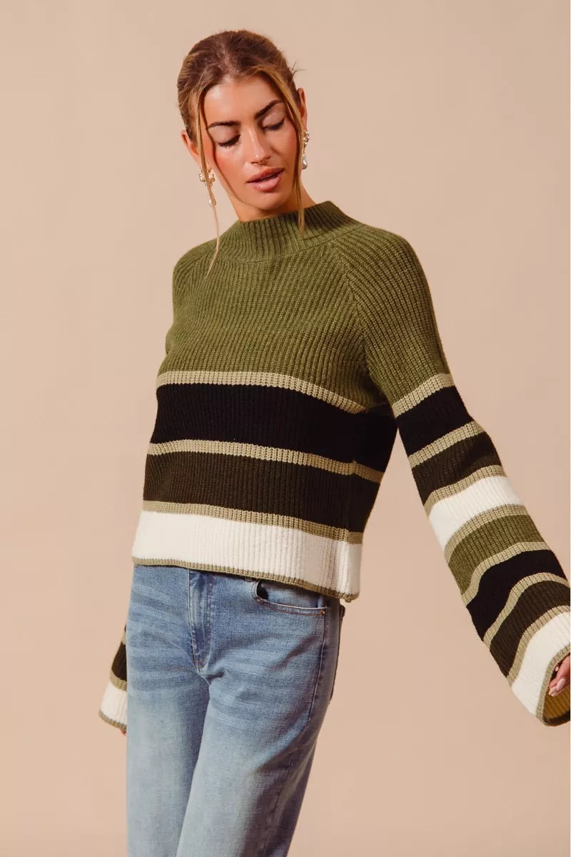 SO ME Women's Sweater Olive Striped Multi Color Mock Neck Pullover dfc95c04e02a4eea8597af80d1673226-Max-Origin Trendsi