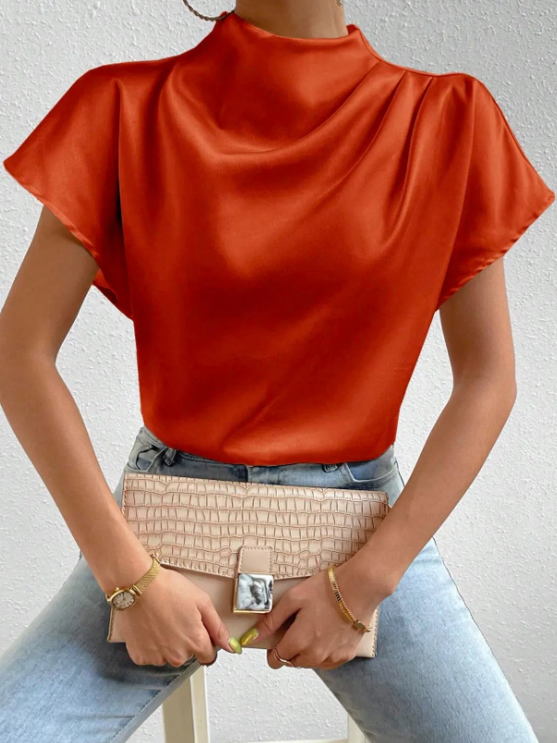 Satin Blouse Mock Neck Pleated Short Sleeve Basic Style Top Orange-Red dfca0742-7265-4736-9b67-7a8c47fd2b84-Max-Origin Trendsi