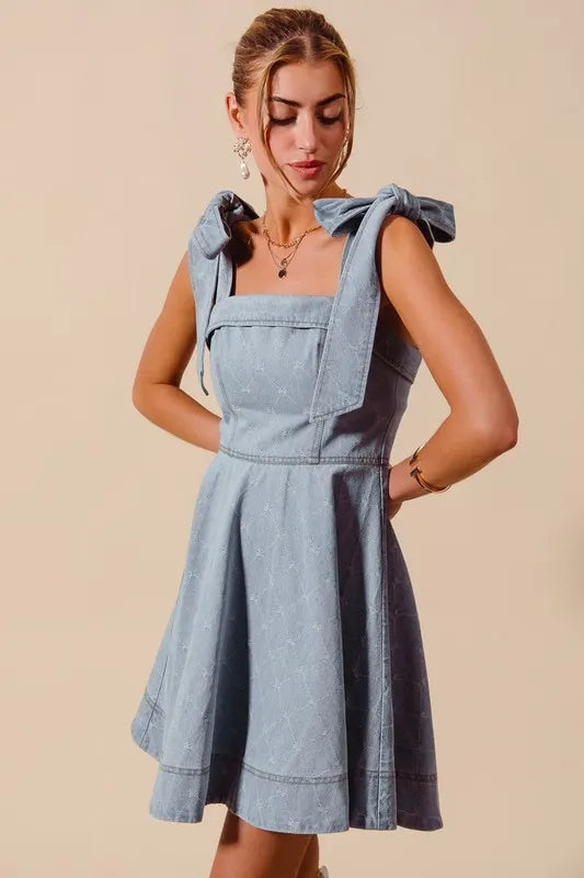 SO ME Denim Dres A Line Fit and Flare Diamond Bow Ribbon Bow Tied Straps dfcd4d8276b64dfab2d52edc48d469c3-Max-Origin Trendsi