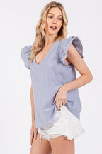 Ces Femme Striped Blouse V-Neck Ruffled Cap Short Sleeve Blue Top dfcfb047-dead-4d74-bbb0-720d29bef07d-Min Trendsi