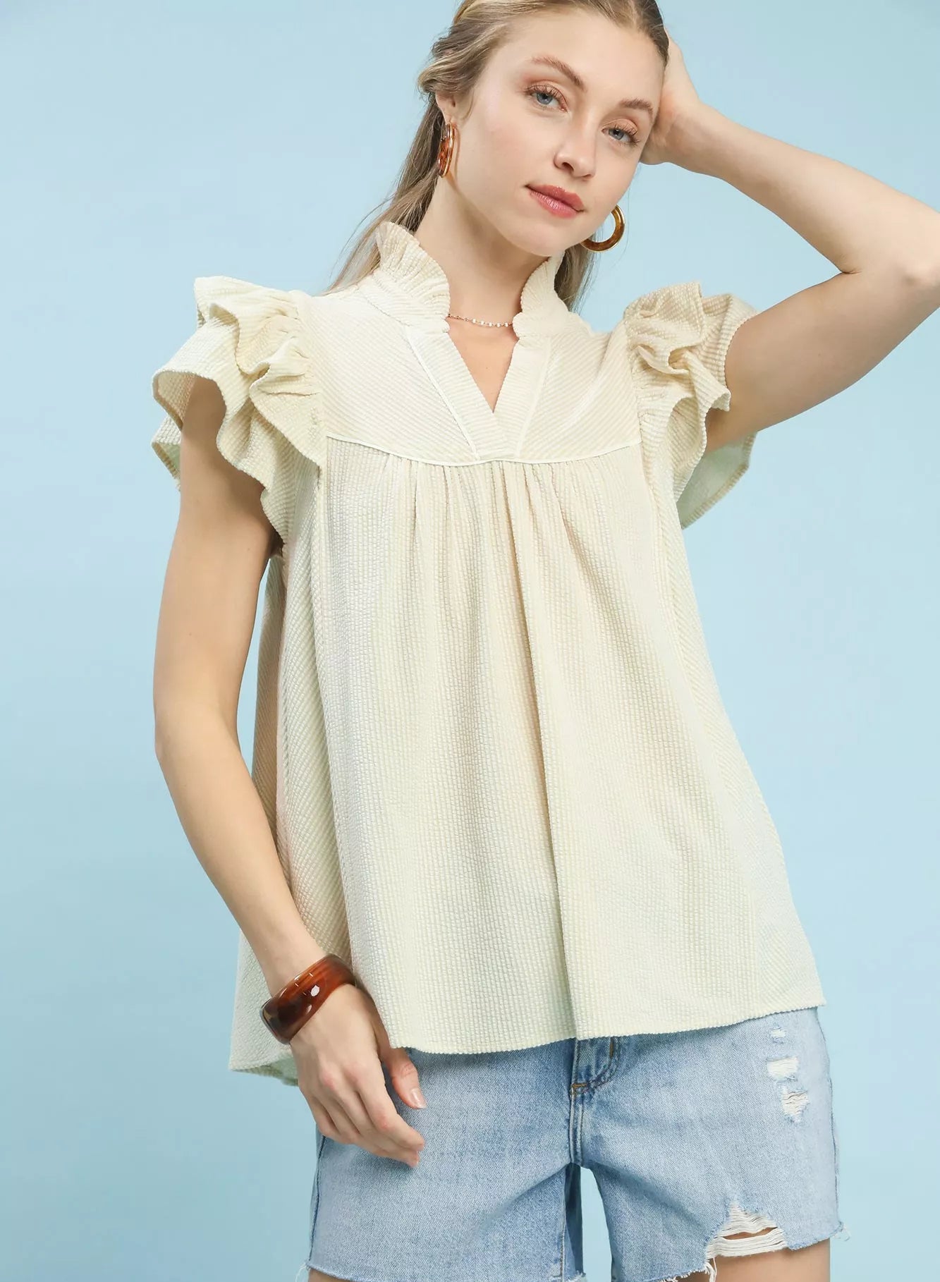 Umgee Blouse Textured Tan Ruffled Short Sleeve Top TAN dfd1cd9d-2889-4516-a88a-fa81b1511d23-Max-Origin Trendsi