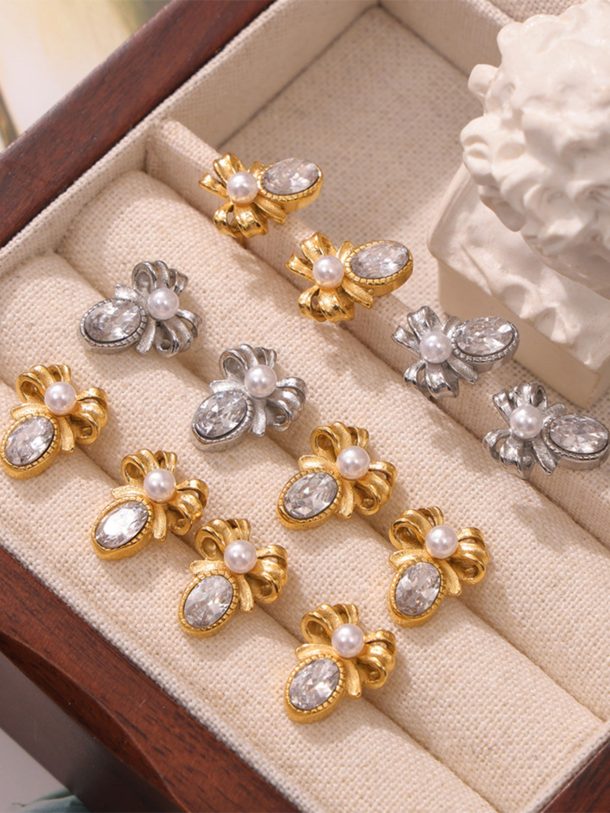 Bow Stud Earrings Zircon Titanium Steel 18K gold-plated Shell bead Jewelry dfd82ffa-bdc3-4e55-8a95-45792dc0d8f2-Max Trendsi