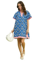 Umgee Botanical Print Split V-Neck Short Sleeve Shift Dress
