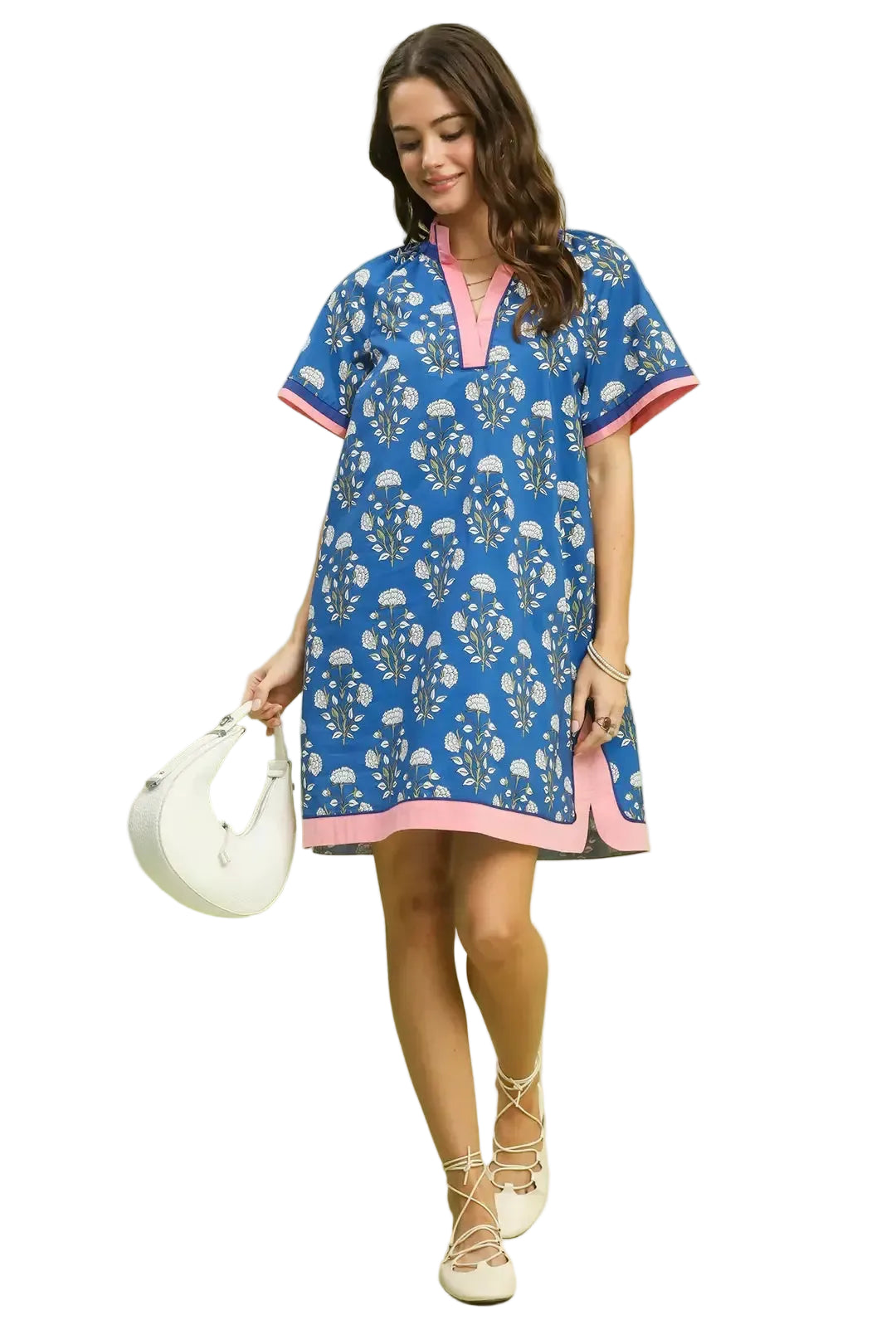 Umgee Botanical Print Split V-Neck Short Sleeve Shift Dress
