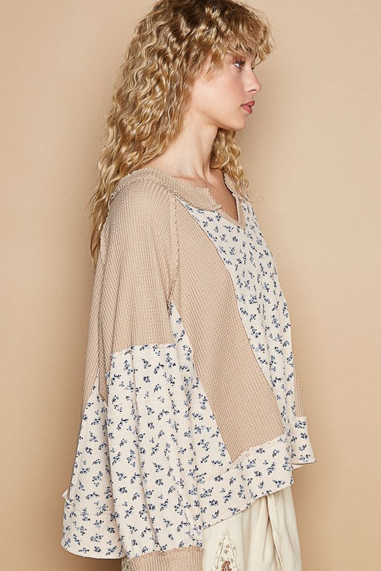 POL Waffle Knit Women Top Floral Notched Cotton Blend Long Sleeve Oversized