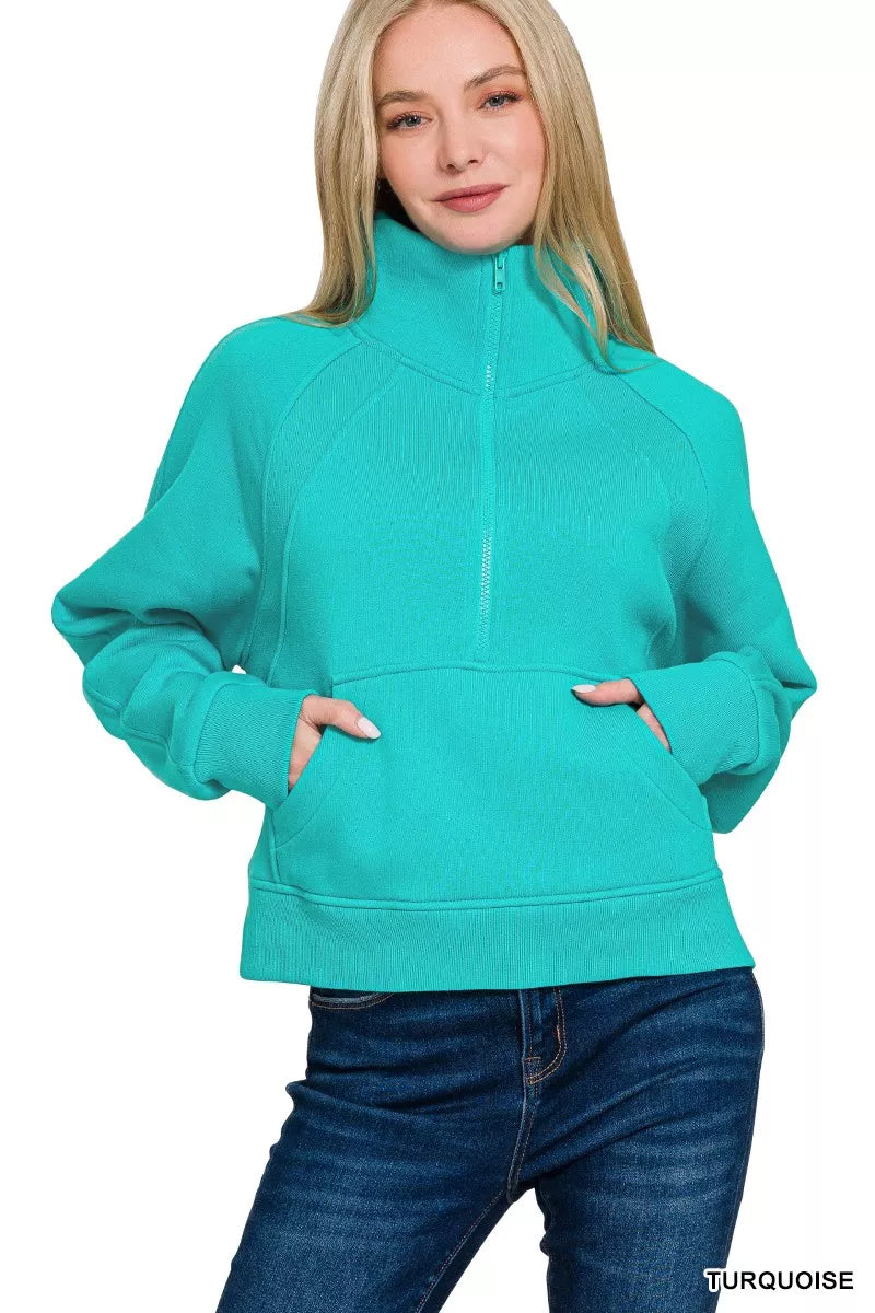 Zenana Womens Sweatshirts Turquiose Fleece Half Zip Kangaroo Pocket dfe9463d01324cd28e6370f88d565fda-Max-Origin Trendsi