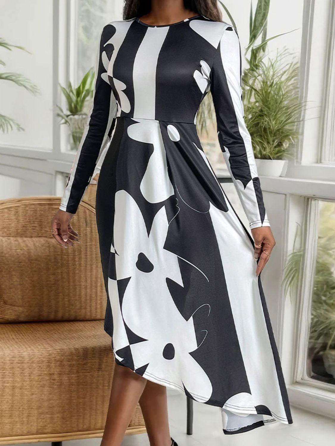 Midi Dress Asymmetrical Slit Round Neck Long Sleeve Slim Dresses dfee597f-f4bc-41c2-8ff4-226ba91c6d75-Max Trendsi
