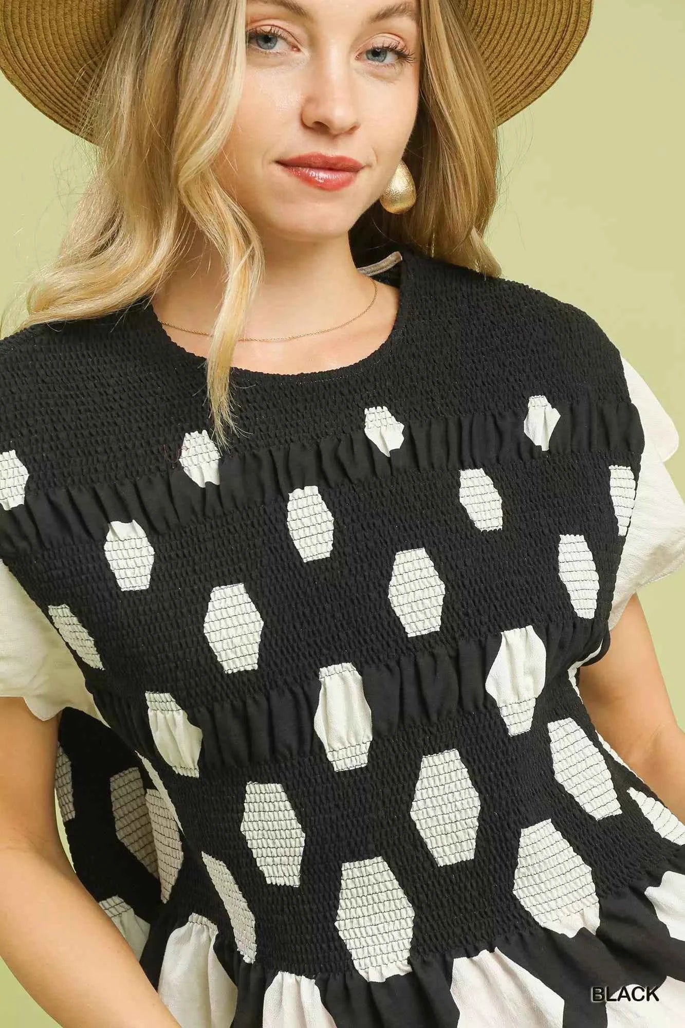 Umgee Blouse Black Hexagon Print Peplum Top Ruffled Short Sleeve e007fbf8-a51d-4f40-8f0b-fe0a3b944406-Max-Origin Trendsi