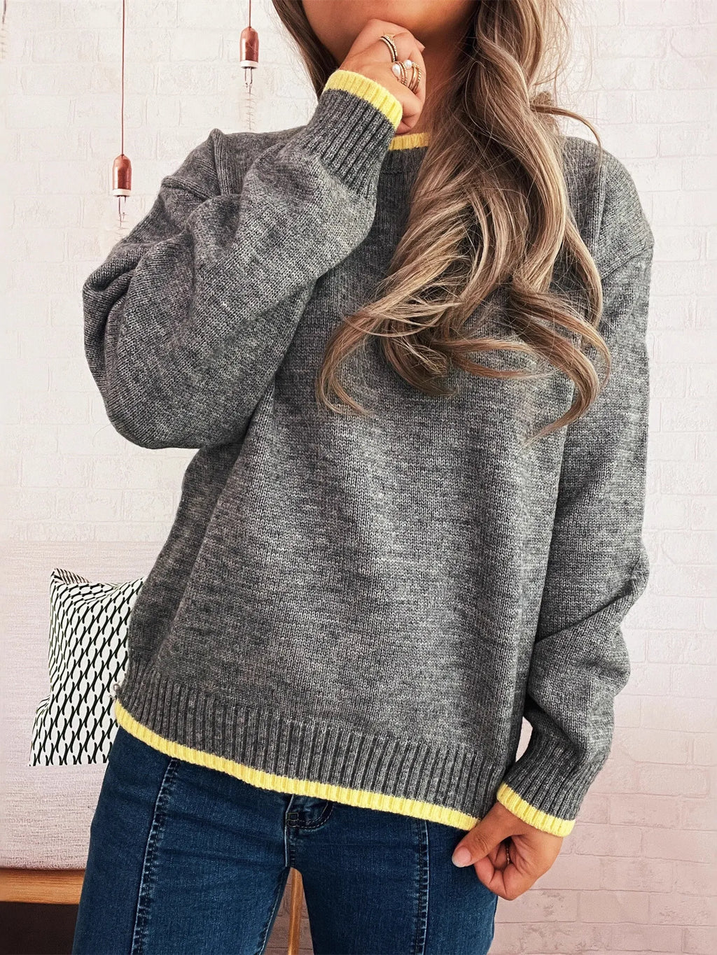 Women's Sweater Knit Ribbed Contrast Trim Long Sleeve Pullover e00bec754f804dccb3b1899e3180fd3e-Max-Origin Trendsi