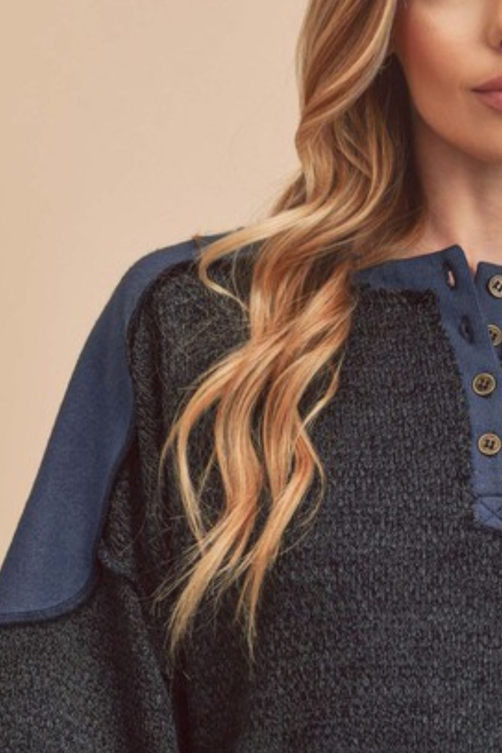 Aemi + Co Sweatshirt Side Slit Button Detail Contrast Shoulder Long Sleeve e00f75f3-3b19-40b3-96c3-7285181001a9-Max Trendsi