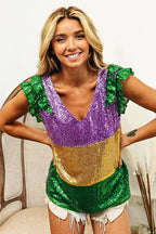 BiBi Womens Blouse Mardi Gras Sequin Color Block Ruffled Top Short Sleeve e011eb707a6240b1a8491c1a924513ba-Max-Origin Trendsi