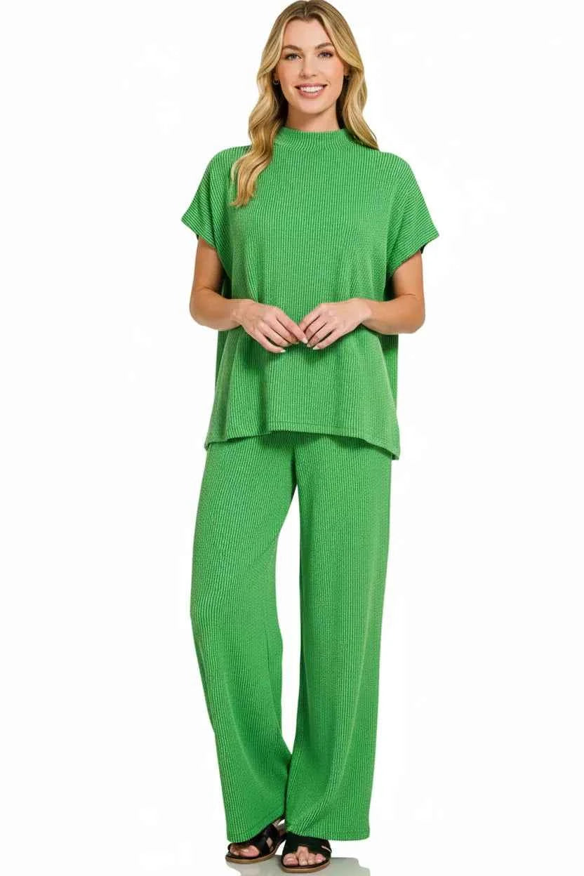 Zenana Outfit Set Green Raised Rib Short Sleeve Top Tee & Pants e01e4cd7-64a8-445c-9808-4a2b3924d5c9-Max-Origin Trendsi