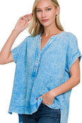 Zenana T-shirt Deep Sky Washed Double Gauze 3/4 Button Henley Neck Shirt Top DEEP SKY e02425e8-25af-4d37-8f5a-d6baf87d8133-Max-Origin Trendsi