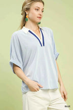 Umgee Blouse Light Blue Contrast Collar V-Neck Top Short Sleeve e02aa4fc-5f2b-4fcb-a4da-9424f792a823-Max-Origin Trendsi
