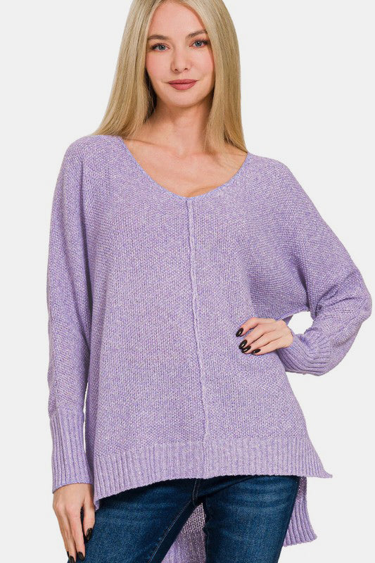 Zenana Sweater Lavender High-Low Center Seam V-Neck Long Sleeve