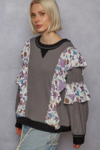 POL Womens Sweater Black Gray Round Neck Top with Floral Ruffle Detail e037932e-19d2-47b4-bf46-8bbf7ed33753-Max-Origin Trendsi