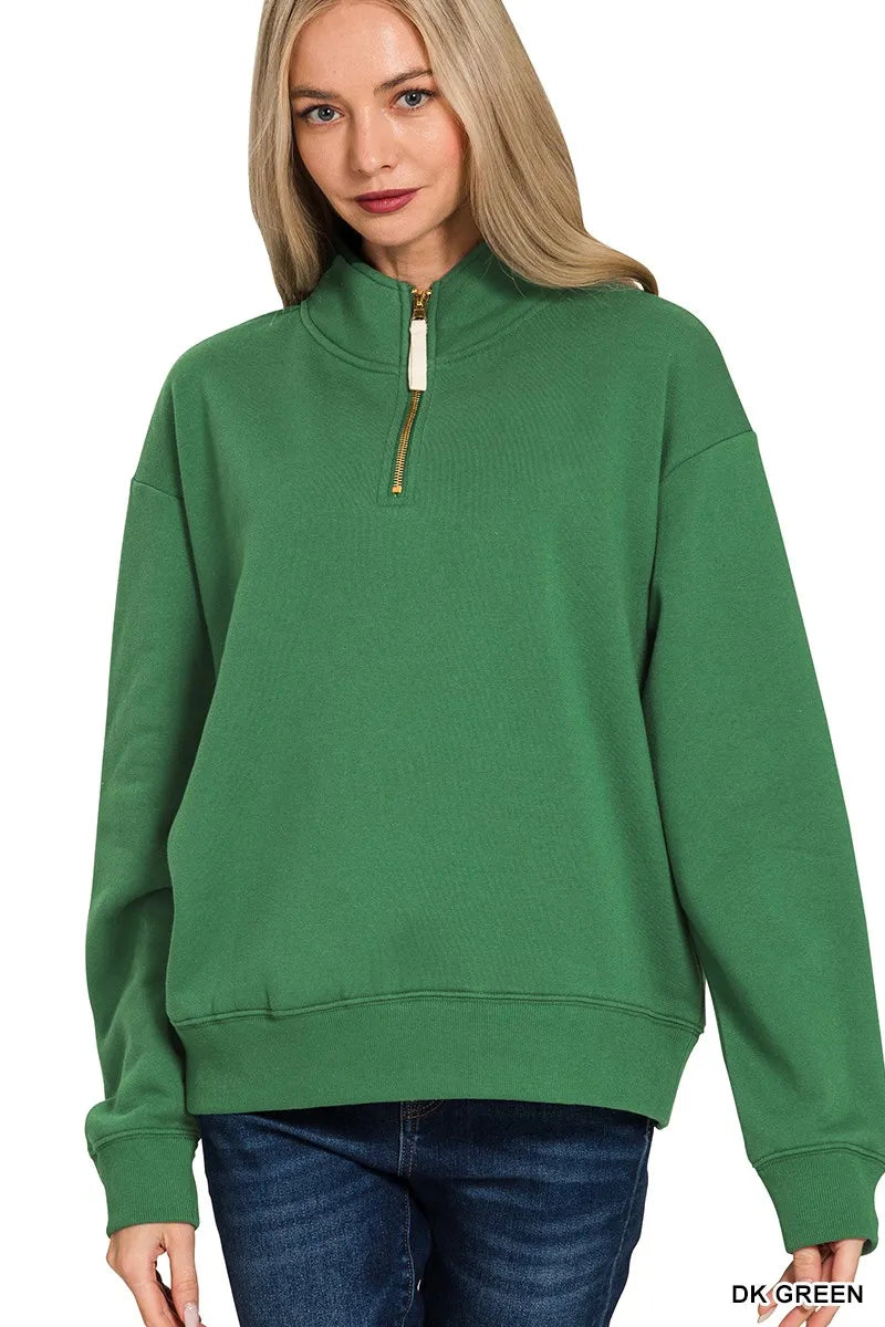 Zenana Fleece Women's Sweatshirt Half Zip Collar Dark Green Comfort Top DK GREEN e03d421be9e54e43858e6b76b51c39ee-Max-Origin Trendsi