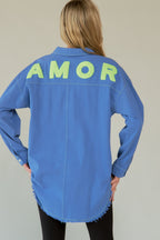Davi & Dani USA Blue Shirt AMOR Letter Cotton Back Raw Hem Half Button e04cf15e-8c77-4fd5-b4bf-44e8dbee8699-Max Trendsi