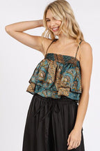 Mittoshop Crop Cami Top Satin Ruffle Paisley Print Teal Green Blouse e04ffa38-b1cd-4a08-a2e3-44a79930acdf-Min Trendsi