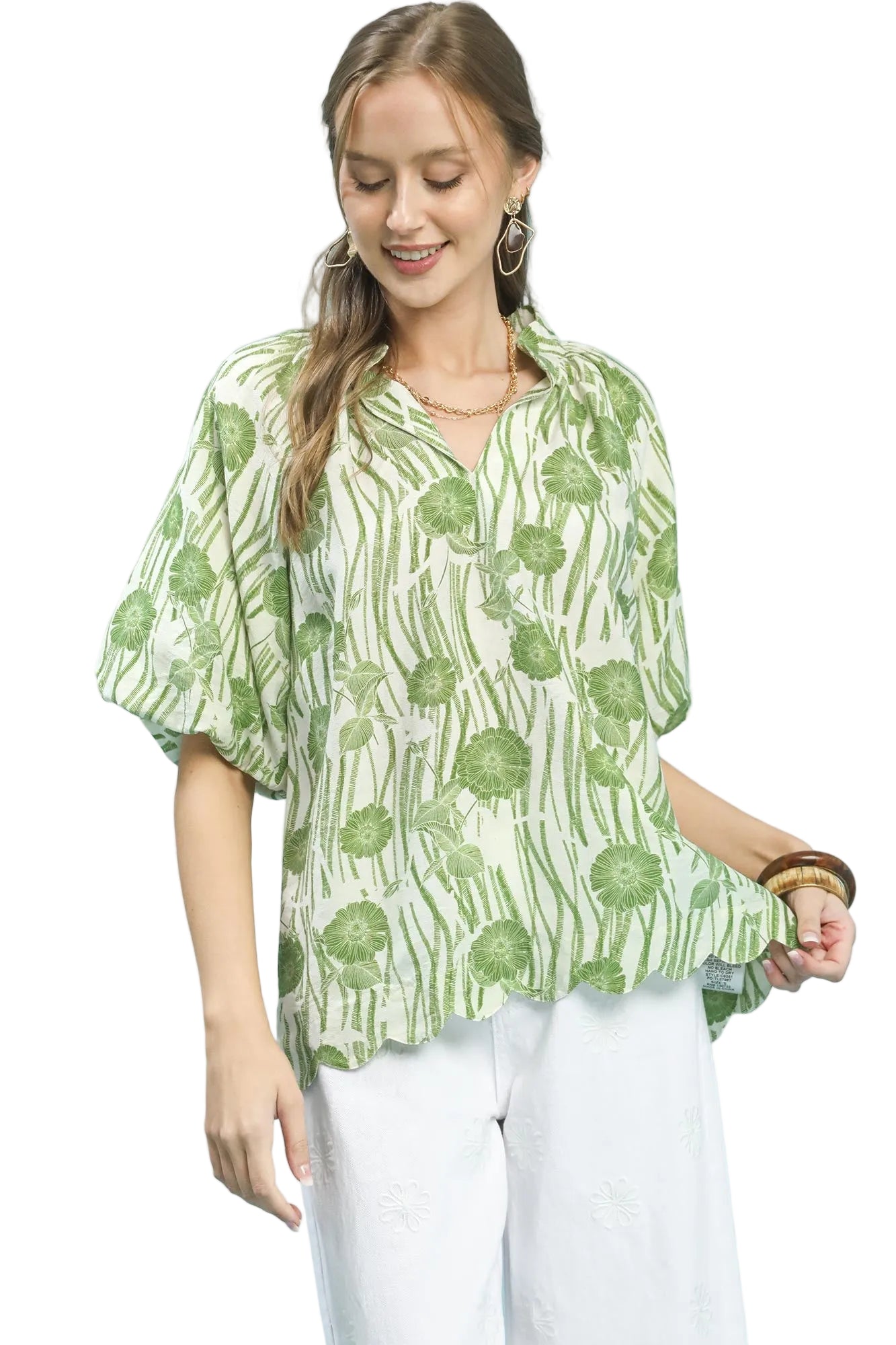 Umgee Floral Blouse with Scalloped Edges, Puff Sleeves, and High-Low Curved Hem