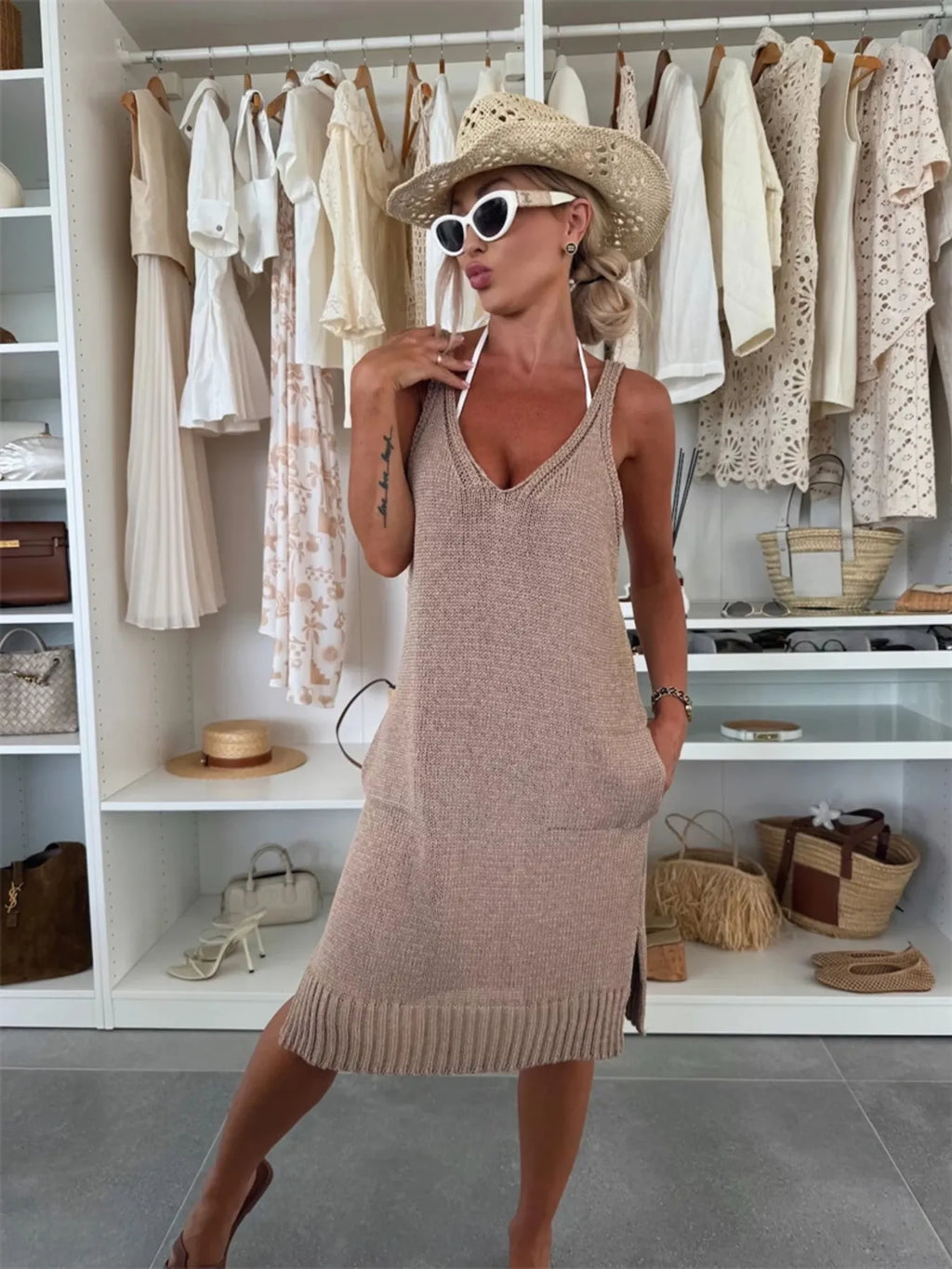 Midi Knit Dress Ribbed Hem V-Neck Sleeveless Lightweight Pocketed Dark Pink e063940d02364e77bed864a990a612f1-Max-Origin Trendsi