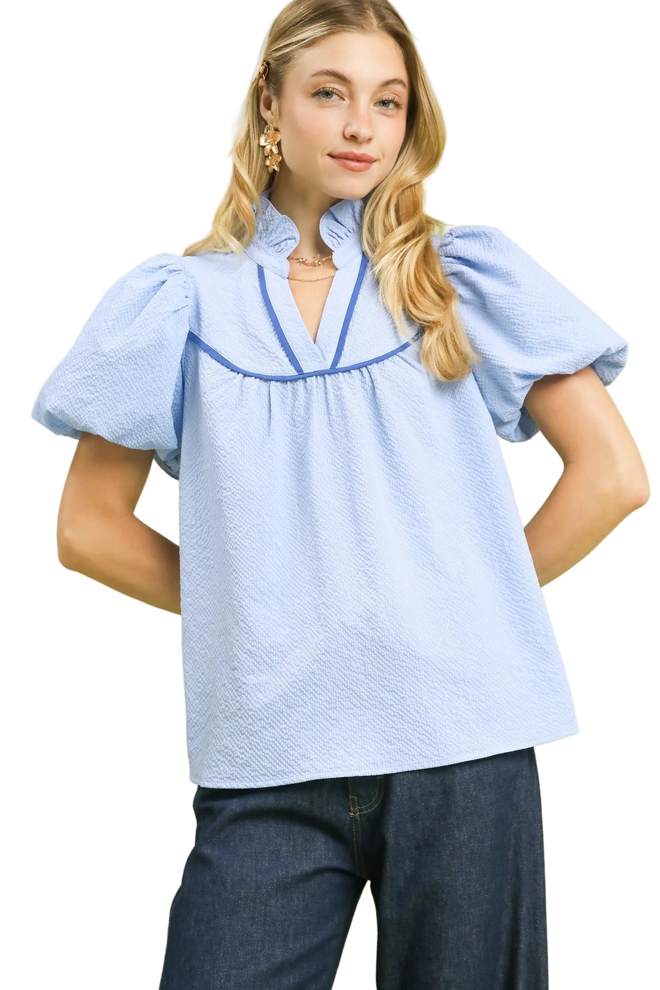 Umgee Women's Textured Puff Sleeve Blouse with Contrast Trim