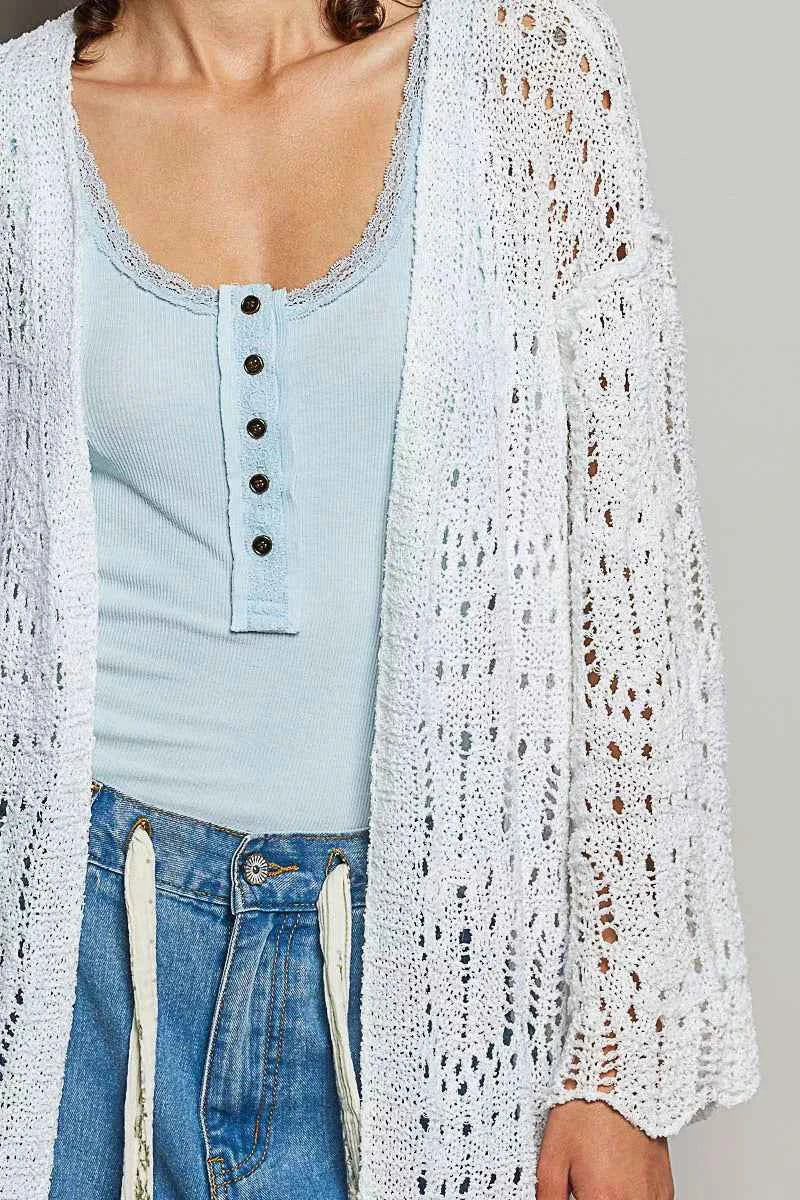POL Openwork Lightweight Open Front Cardigan with Scalloped Edge