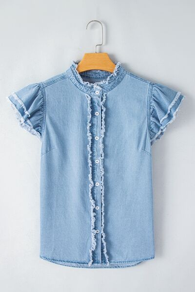 Ruffled Denim Shirt Women's Light Blue Raw Hem Short Sleeve Cotton Top e06f29af-ffb5-4ac7-b6dc-9c0b07ebab90-Min Trendsi