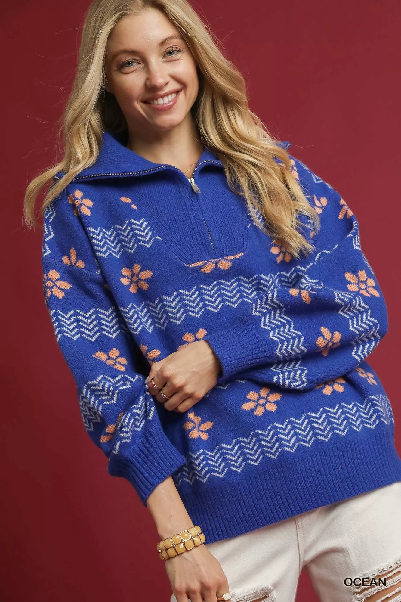 Umgee Womens Sweater Ocean Blue Floral Patterned Jacquard Quarter-Zip Pullover e072d7bc-ef13-4fd0-8ac1-1049db014676-Max-Origin Trendsi