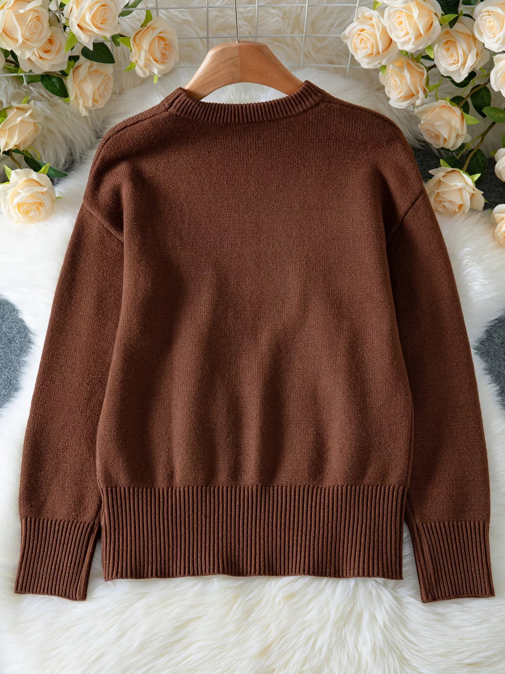 Women's Oversized Sweater Brown Round Neck Ribbed Hem Pullover e0759d99-5028-4aaa-9bf5-48b36aedb9fd-Max-Origin Trendsi