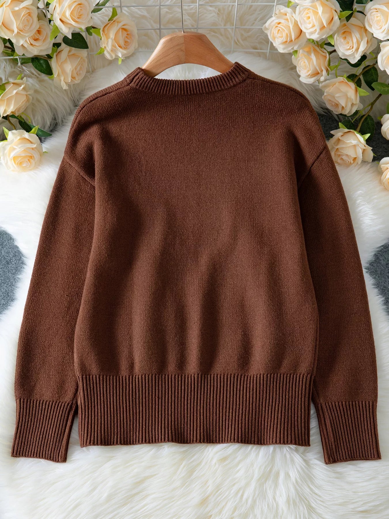 Women's Oversized Sweater Brown Round Neck Ribbed Hem Pullover e0759d99-5028-4aaa-9bf5-48b36aedb9fd-Max-Origin Trendsi