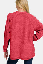 Zenana Women Sweater Strawberry Brushed Melange Hacci Slit Solid Pullover e0762e91-13b8-42df-80dc-e6f950d59c2d-Max Trendsi