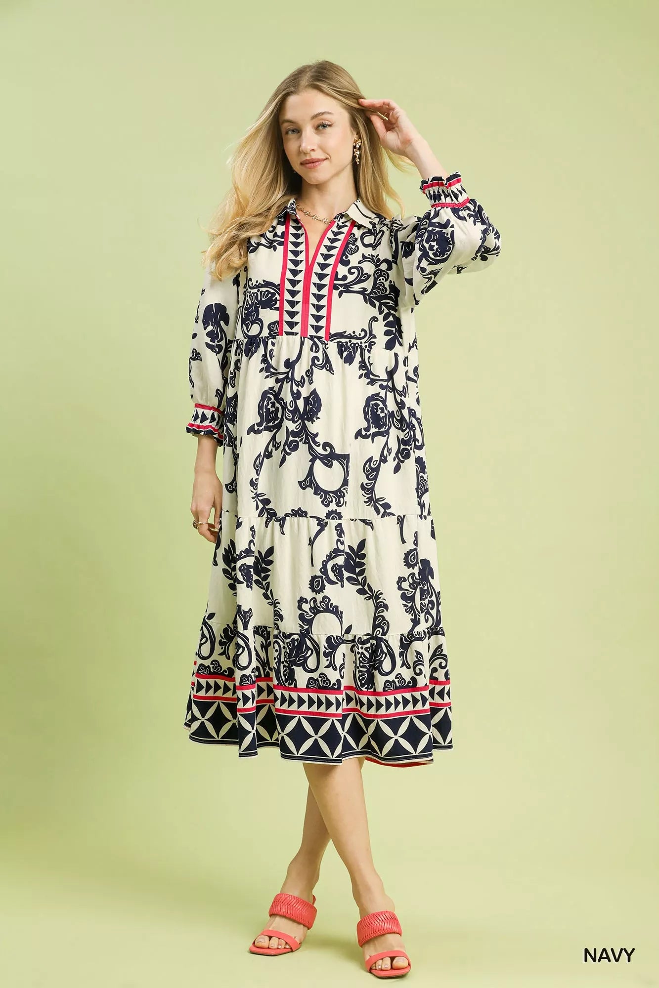 Umgee Midi Dress Navy Floral Boho Print Tiered Ruffle 3/4 Sleeves e076c3b3-238a-4e31-ae1b-94eef9e6dce7-Max-Origin Trendsi