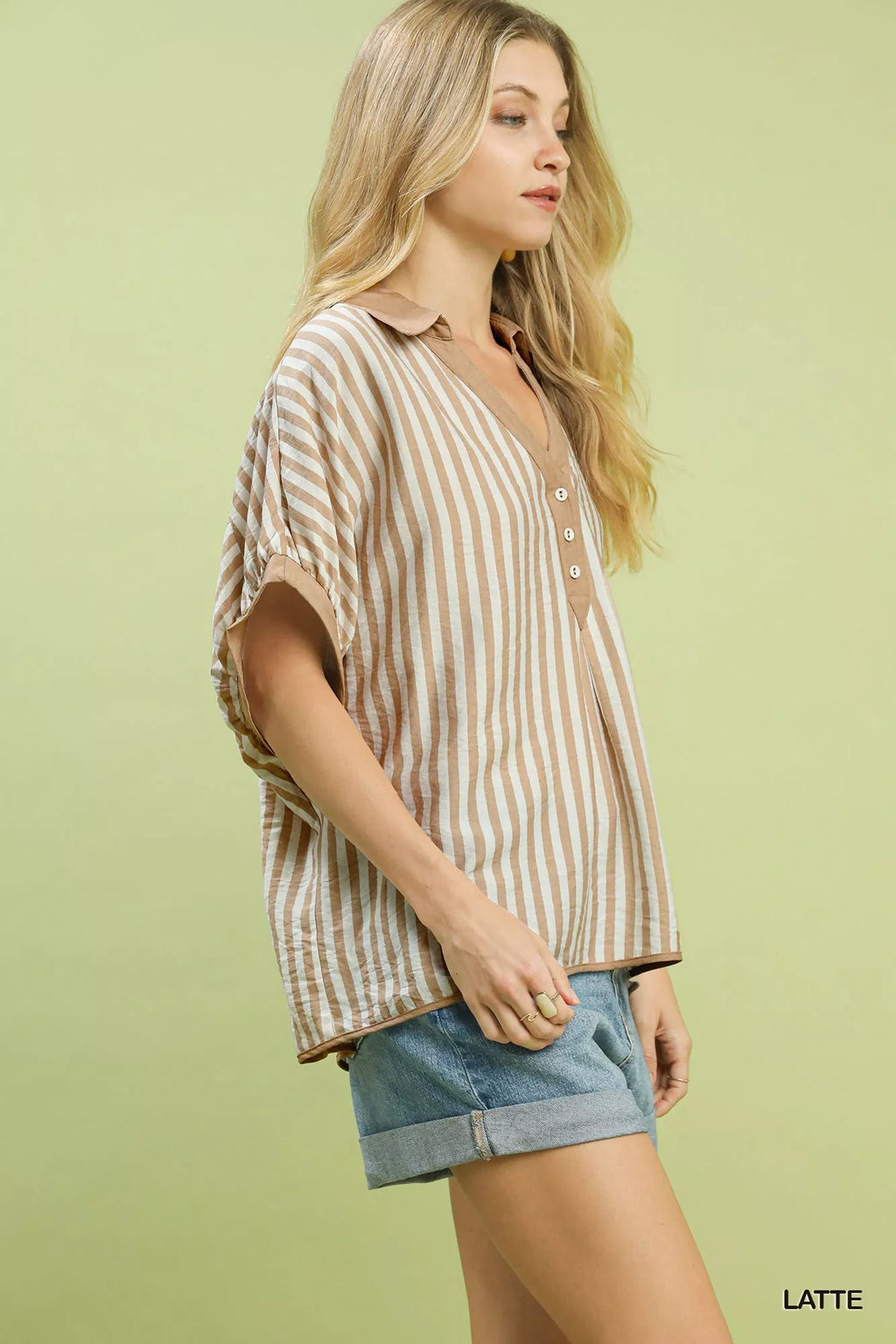 Umgee Womens Blouse Latte Stripe Collared Oversized Buttoned Top e08cd13d-2e78-4697-93ba-224fff4be976-Max-Origin Trendsi