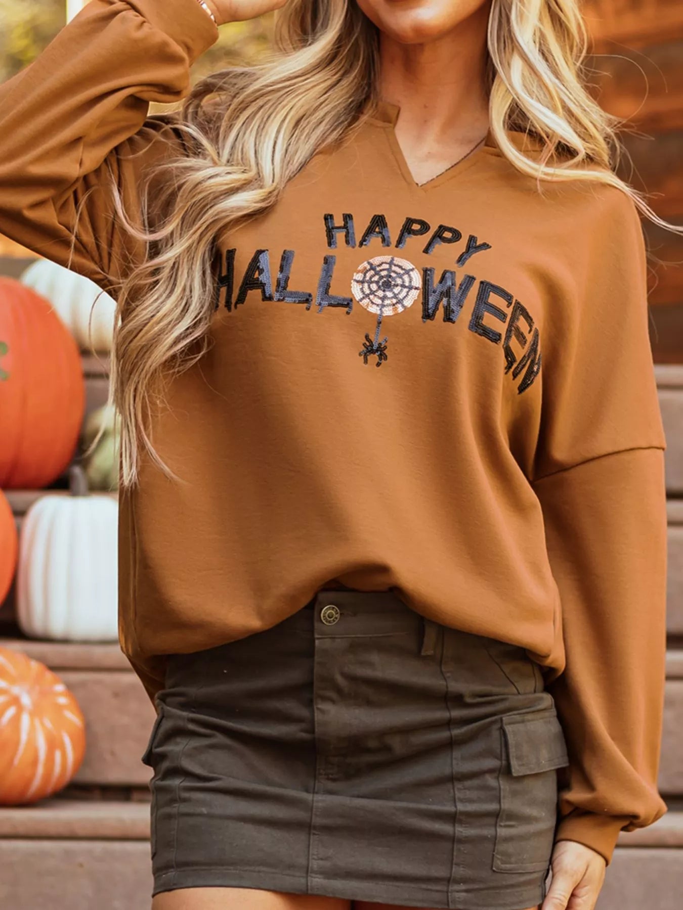 Women's Oversized Sweatshirt Happy Halloween Graphic Notched Long Sleeve Top e093583e-6a10-451c-a2de-52f269545eb0-Max-Origin Trendsi